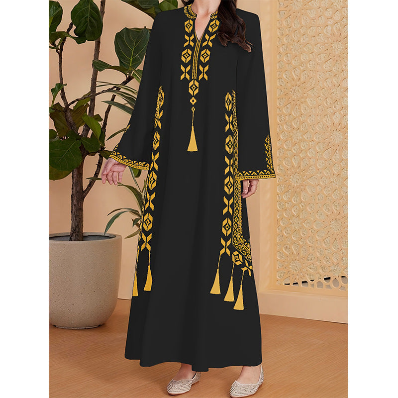 Middle East Cross-border Muslim Women&#039;s Printed V-neck Robe Arab Ethnic Style Printed Dress Foreign Trade Style