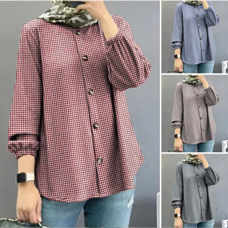 New Women's Plaid Print Puff Sleeve Button Shirt Casual Vintage Top FD 87434533