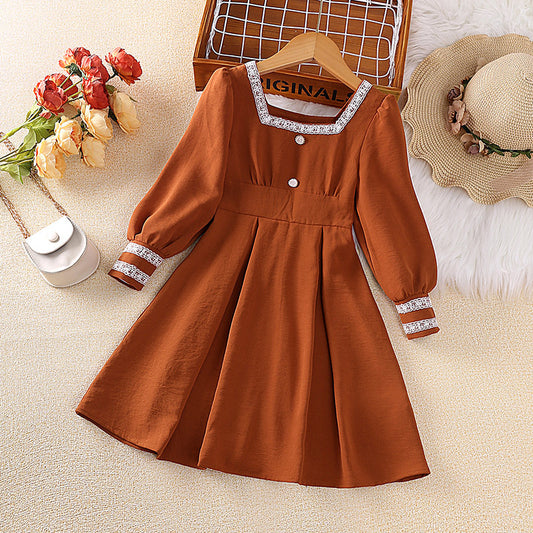 Cross-border Children&#039;s Clothing Spring New French Square Collar Vintage Puff Sleeve Princess Dress Korean Girls Dress Wholesale