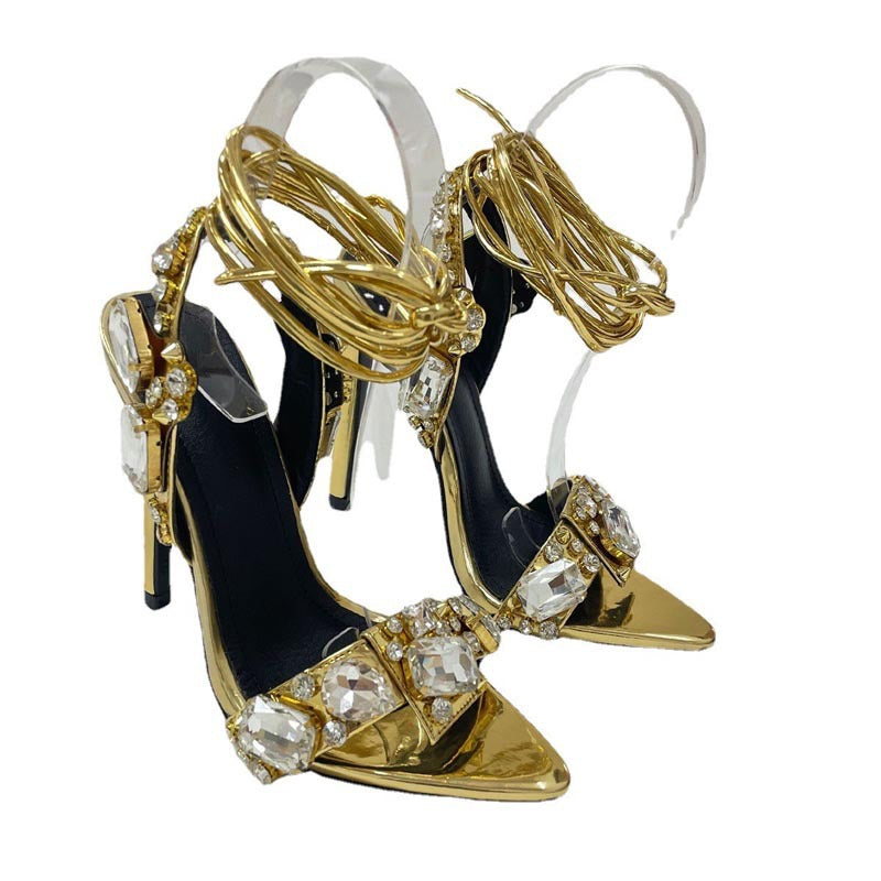 Foreign Trade New European And American Fashion Sexy Diamond Pointed Toe Strap Super High Heel Large Size Women&#039;s Sandals