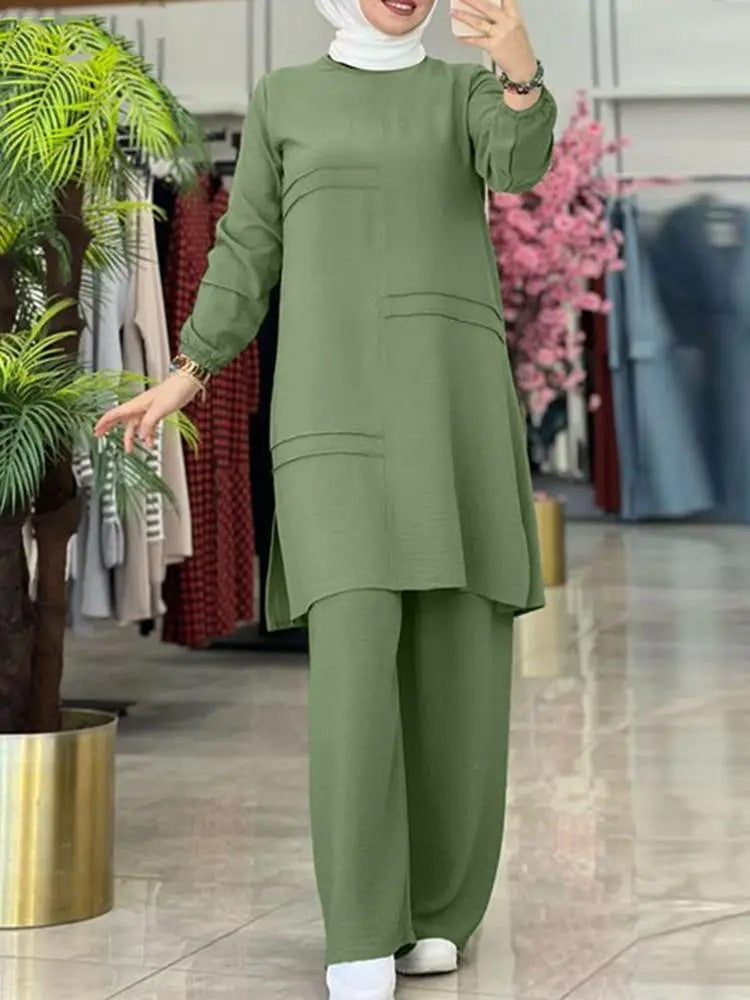 H712 Muslim Two-piece Women&#039;s Clothing Sportswear Elegant Solid Color Long-sleeved Shirt Wide-leg Pants Set