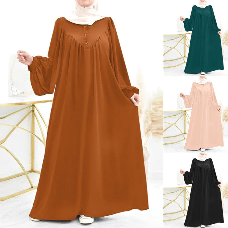 Cross-border New Muslim Women&#039;s Robe Spring And Autumn Fashion Casual Puff Sleeve Simple Solid Color Dress Long Dress