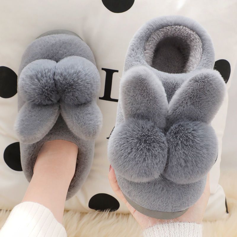 Cotton Slippers Women&#039;s Cute Double Ball Rabbit Thick Bottom Bag With Winter Plush Postpartum Warm Indoor Cotton Shoes For Home