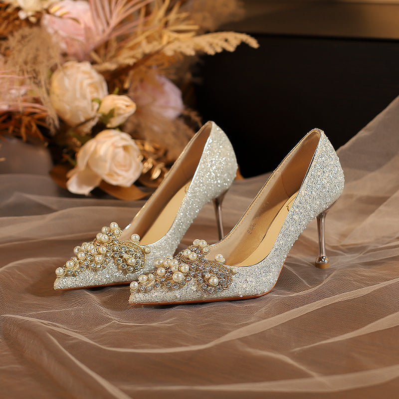 E888-12 Beautiful High Heels New Sequined Wedding Shoes Xiuhe Two Wear Bridal Shoes Fashion Wedding Bridesmaid Shoes