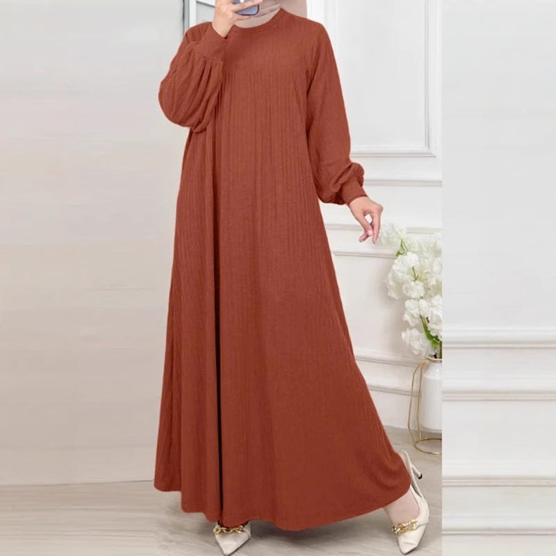 Muslim Women&#039;s New Round Neck Robe Solid Color Long Sleeve Casual Loose Dress