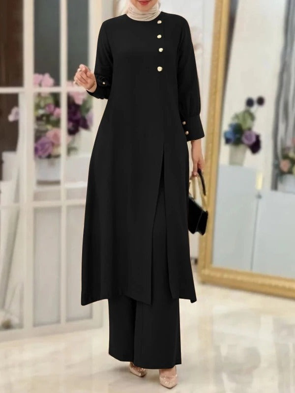 H718 Muslim Women&#039;s Two-Piece Suit Fashionable Elegant Solid Color Irregular Long Shirt Top Wide Leg Pants Robe