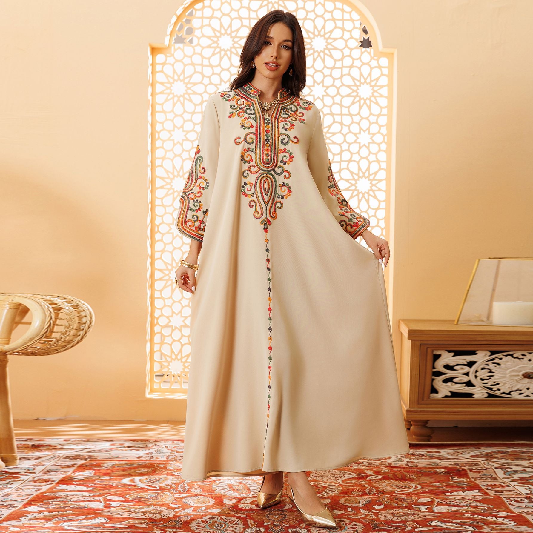 AB417 2024 Autumn And Winter Muslim Fashion Women's Embroidery Rope Embroidery Middle East Foreign Trade Robe Arab Dress