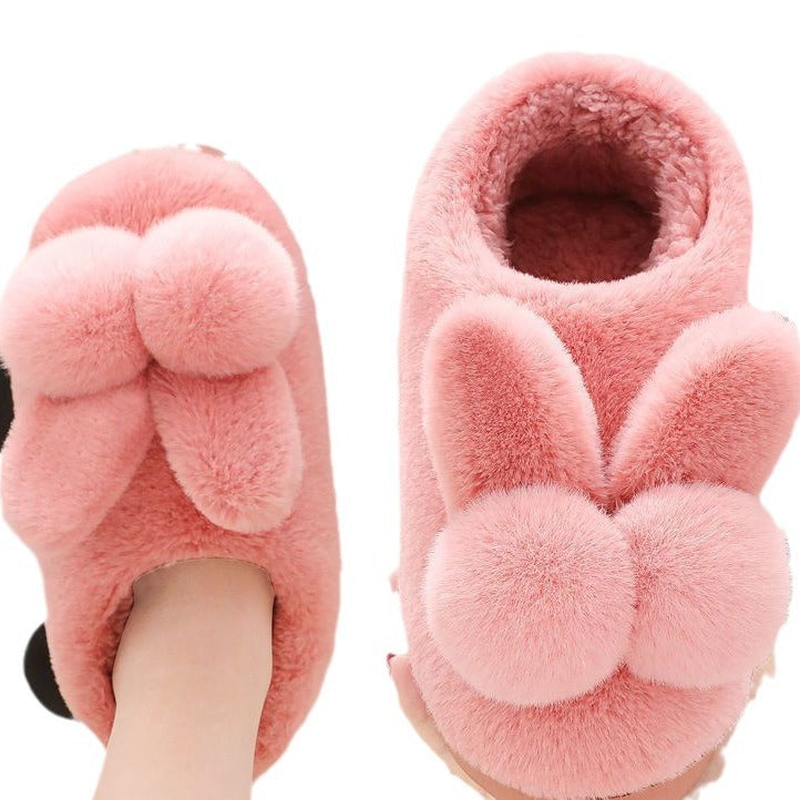 Cotton Slippers Women&#039;s Cute Double Ball Rabbit Thick Bottom Bag With Winter Plush Postpartum Warm Indoor Cotton Shoes For Home