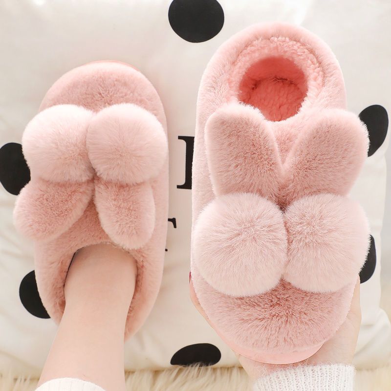 Cotton Slippers Women&#039;s Cute Double Ball Rabbit Thick Bottom Bag With Winter Plush Postpartum Warm Indoor Cotton Shoes For Home