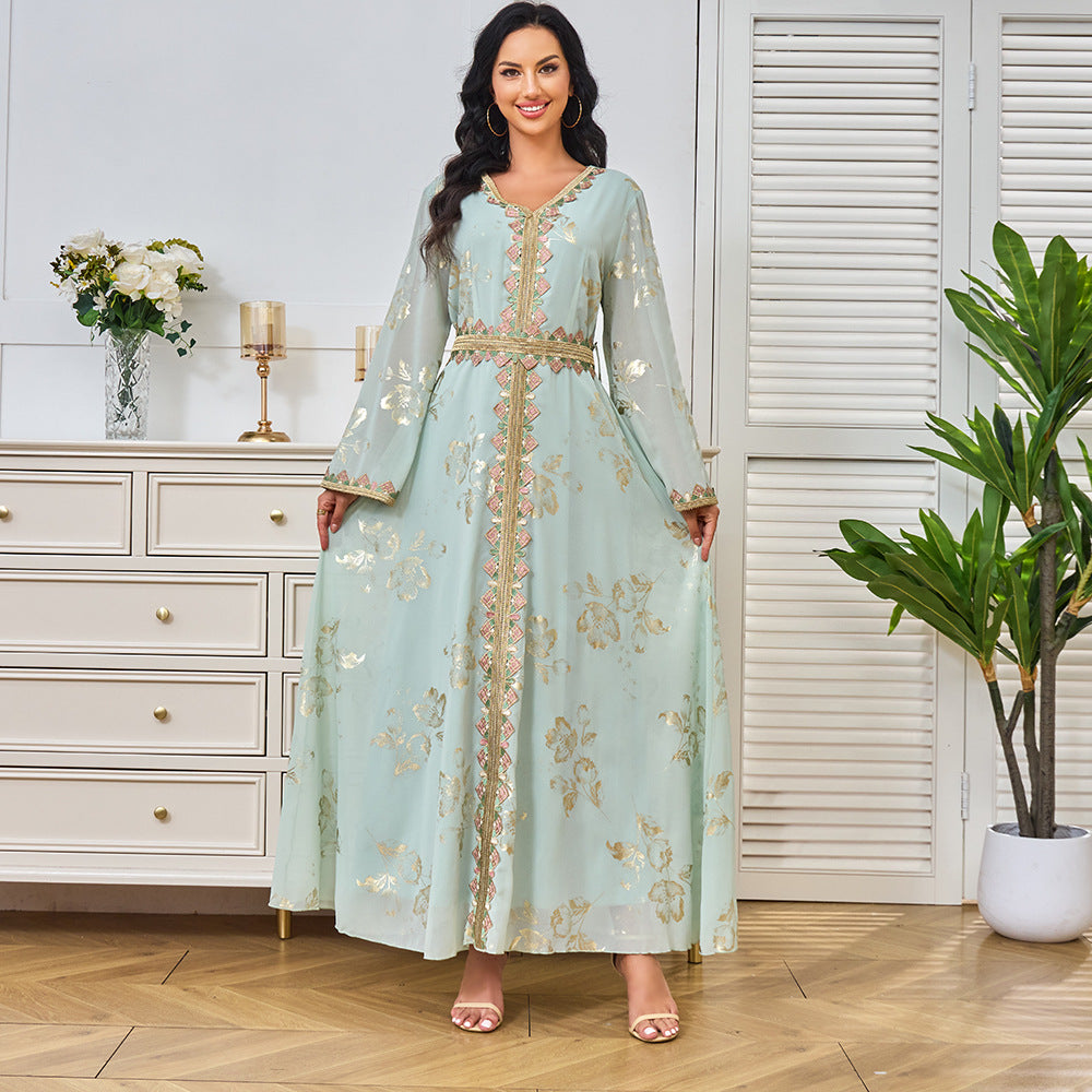 MT037 Middle East Cross-border Trade Muslim Robe Women&#039;s New Bronzing Embroidered Lace Fashion White Dress