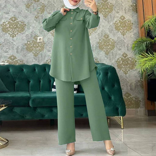 2024 New Cross-border Middle East Muslim Solid Color Long Sleeve Wooden Buckle Bag Cover Shirt Trousers Two-piece In Stock Factory Batch