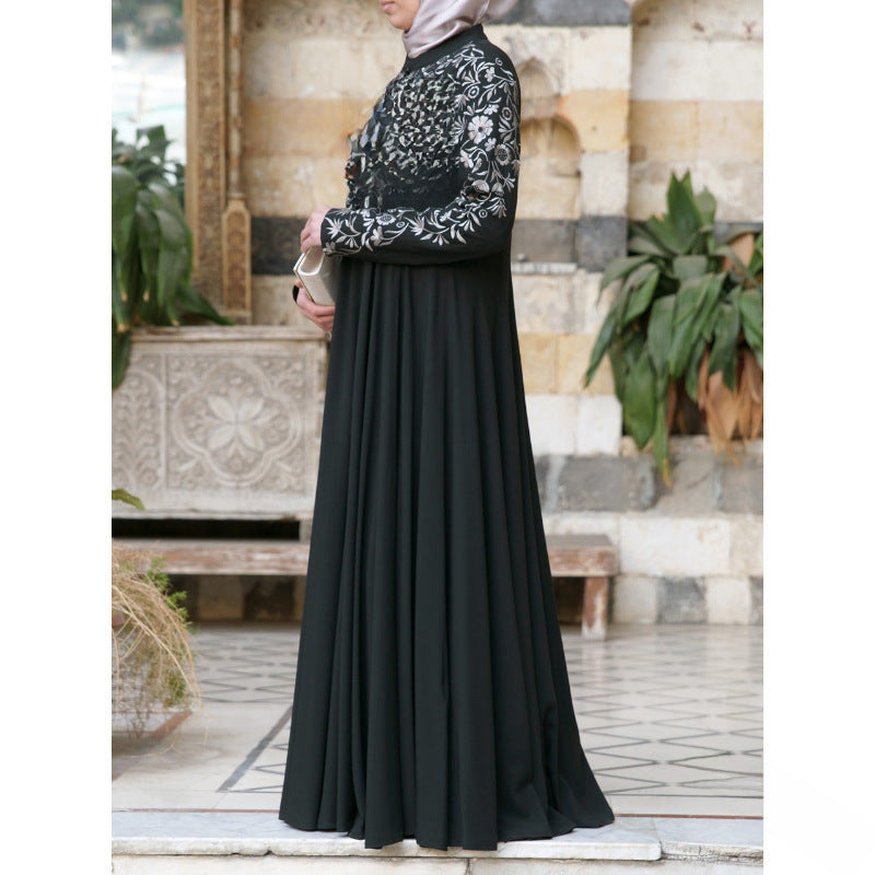 2023 New Cross-border Supply Wish Muslim Women&#039;s Long Sleeve Collar Printed Large Swing Skirt Ethnic Style PP1491