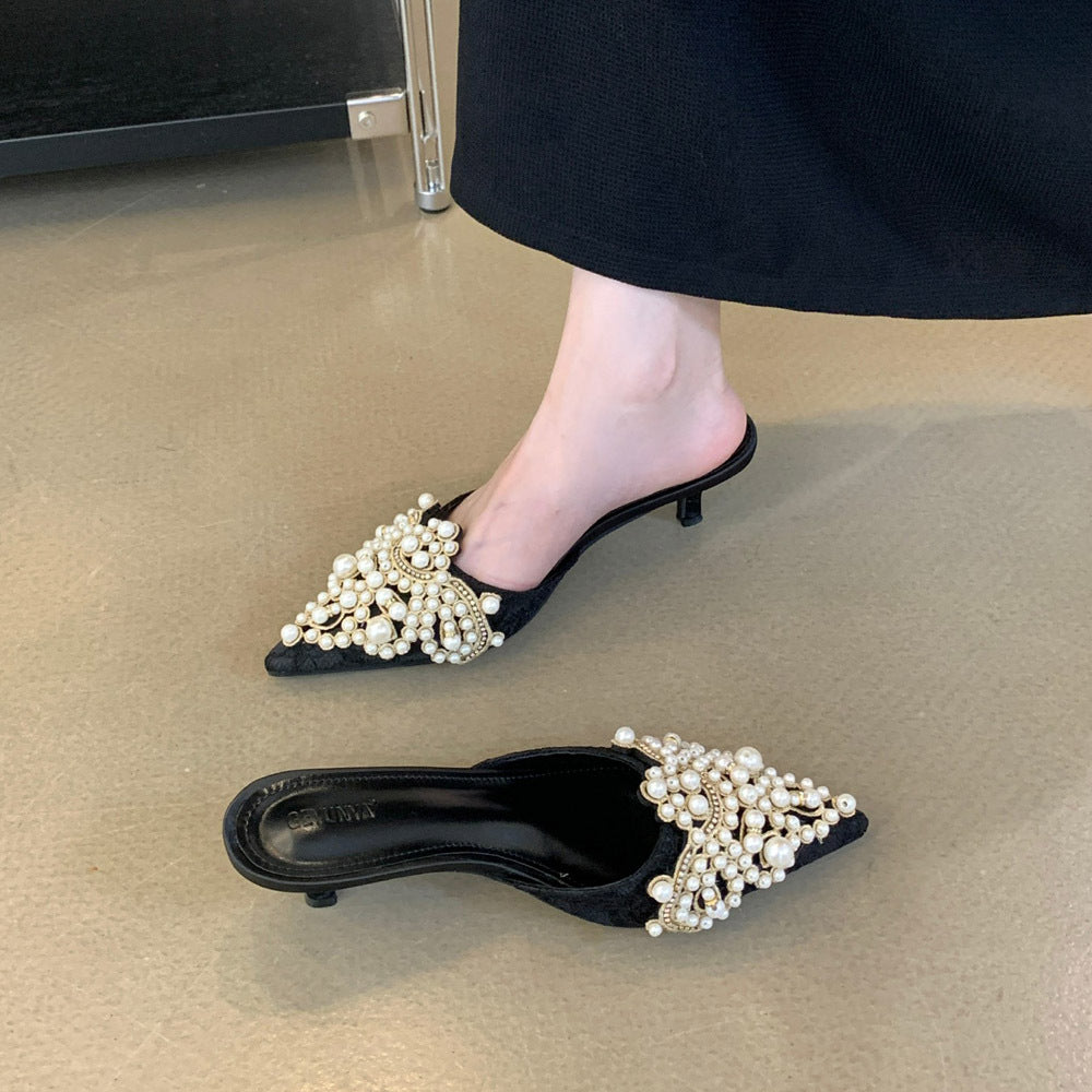 Fitting Room Small Heel Slippers Factory Straight Pearl Rhinestone Stiletto Heel Bridesmaid Shoes High Heel Pointed Half Heels