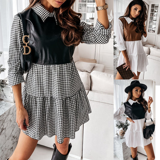 2022 Cross-border New Autumn Amazon Shirt Collar Stitching Contrast Color Printed Plaid Leather Female Dress