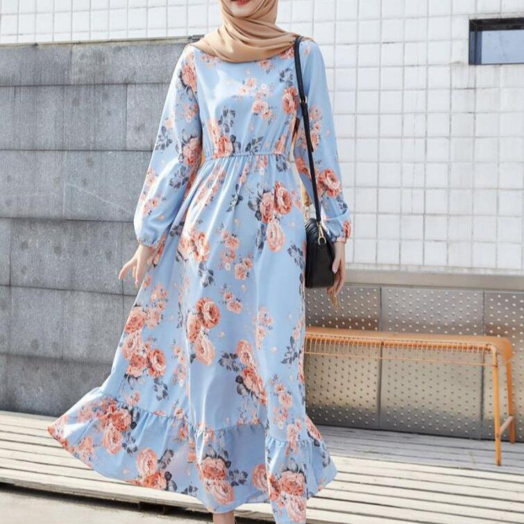 2023 Foreign Trade Amazon AliExpress Best Selling European And American Women&#039;s Dress Muslim Waist Slimming Floral A- Line Skirt