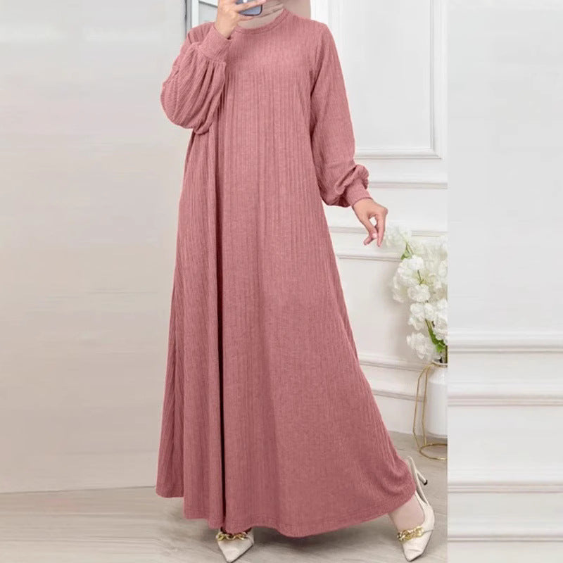 Muslim Women&#039;s New Round Neck Robe Solid Color Long Sleeve Casual Loose Dress