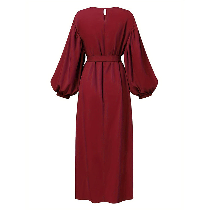 A Large Number Of In Stock New Cross-border Elegant Simple Lace-up Muslim Dress Long Sleeve Solid Color Sun Dress Robe