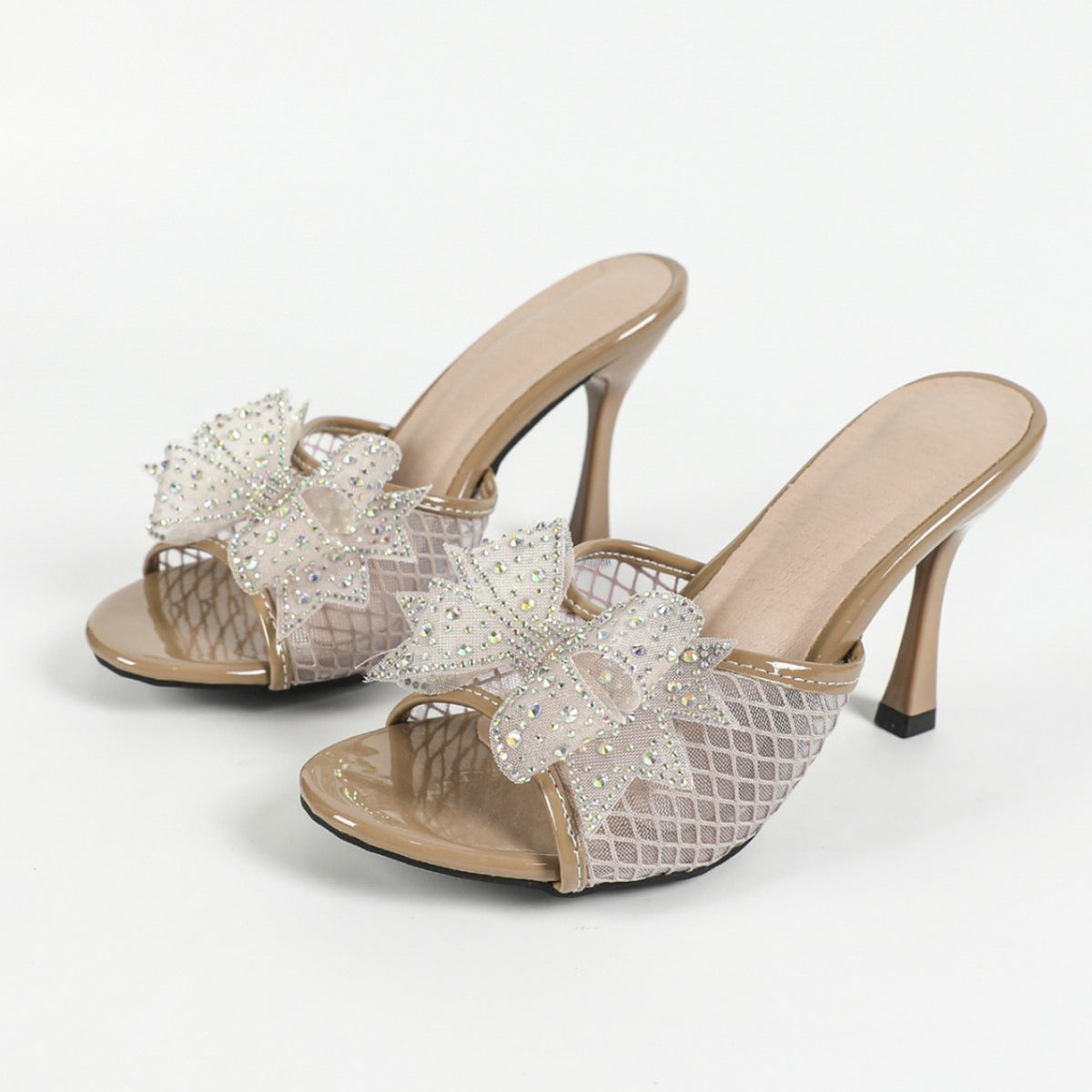 Summer New 9CM High-heeled Fine-heeled Mesh Slippers Women's Sandals Open-toe Bow Cross-border Foreign Trade Plus Size Women's Shoes
